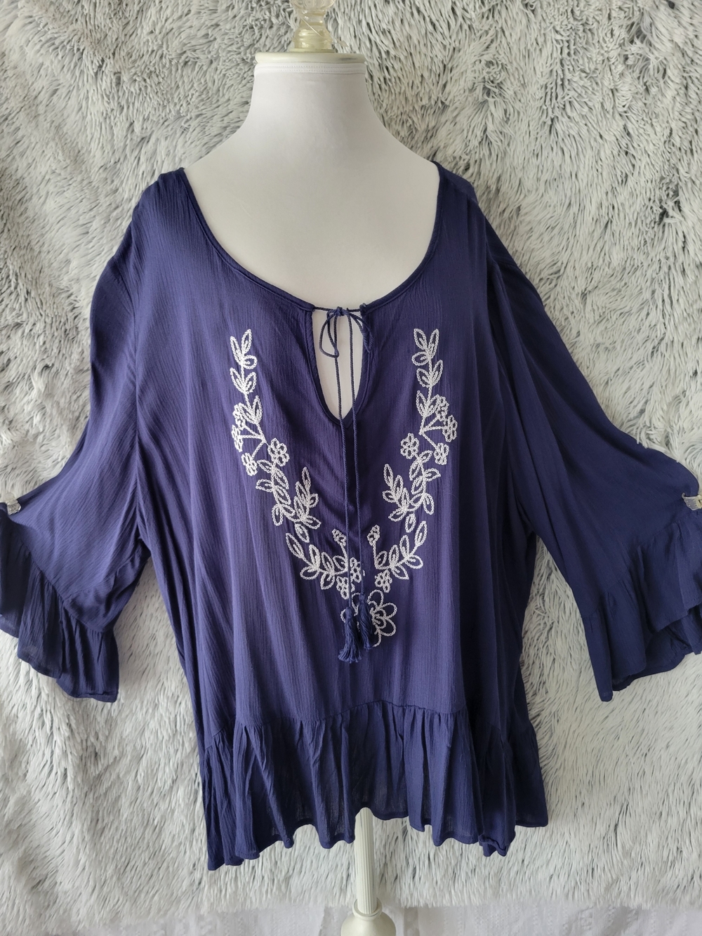 Unique Spectrum Navy Embroidered Peasant Tunic with Tassel Tie